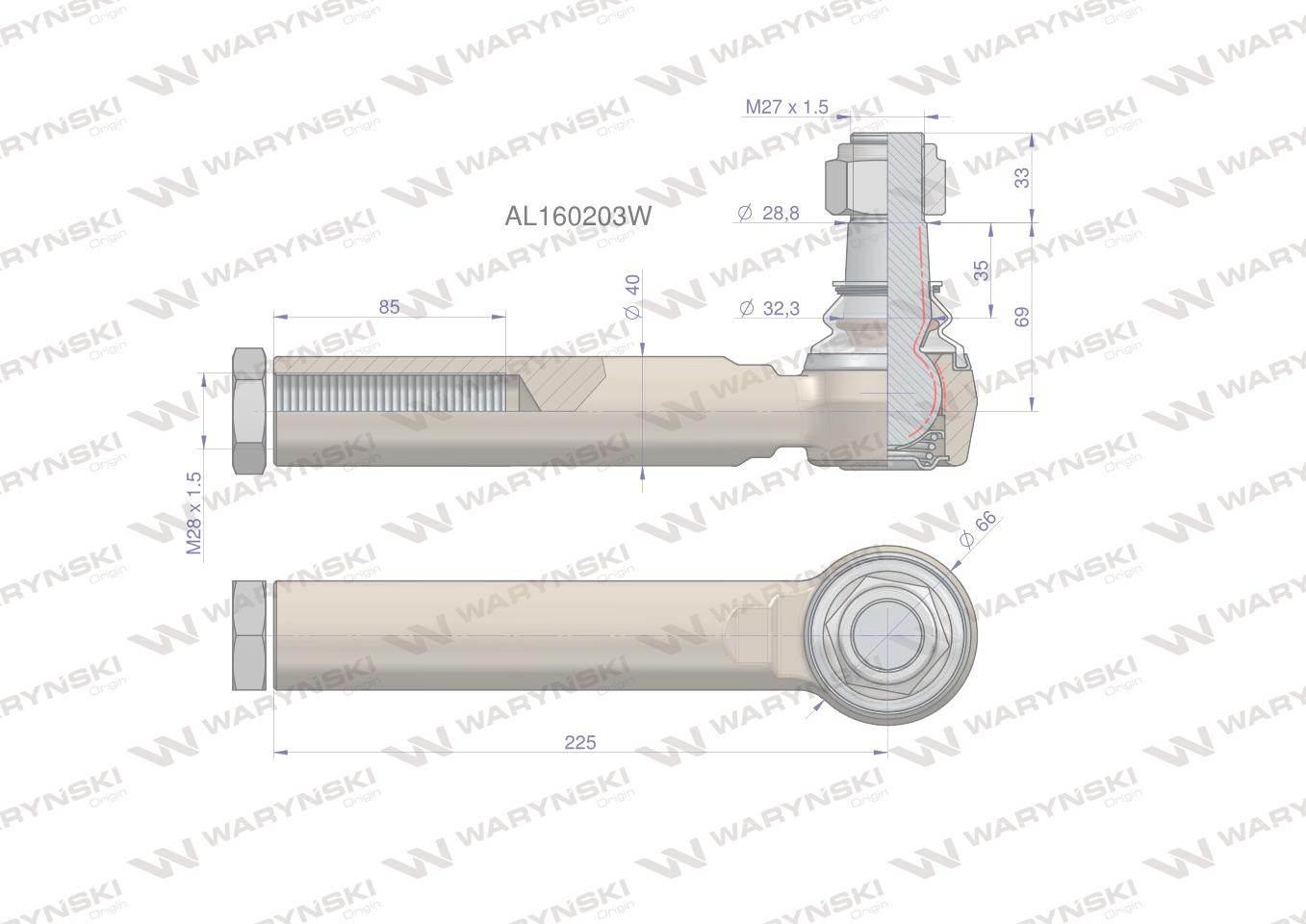 Przegub kierowniczy 225mm m28x1,5 al160203 waryński - zdjęcie 2