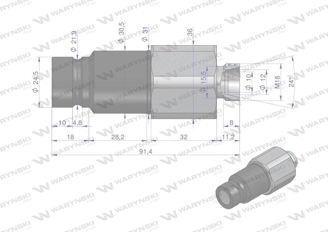 Szybkozłącze hydrauliczne suchoodcinające wtyczka m18x1.5 12l gwint zewnętrzny iso16028 waryński - zdjęcie 2