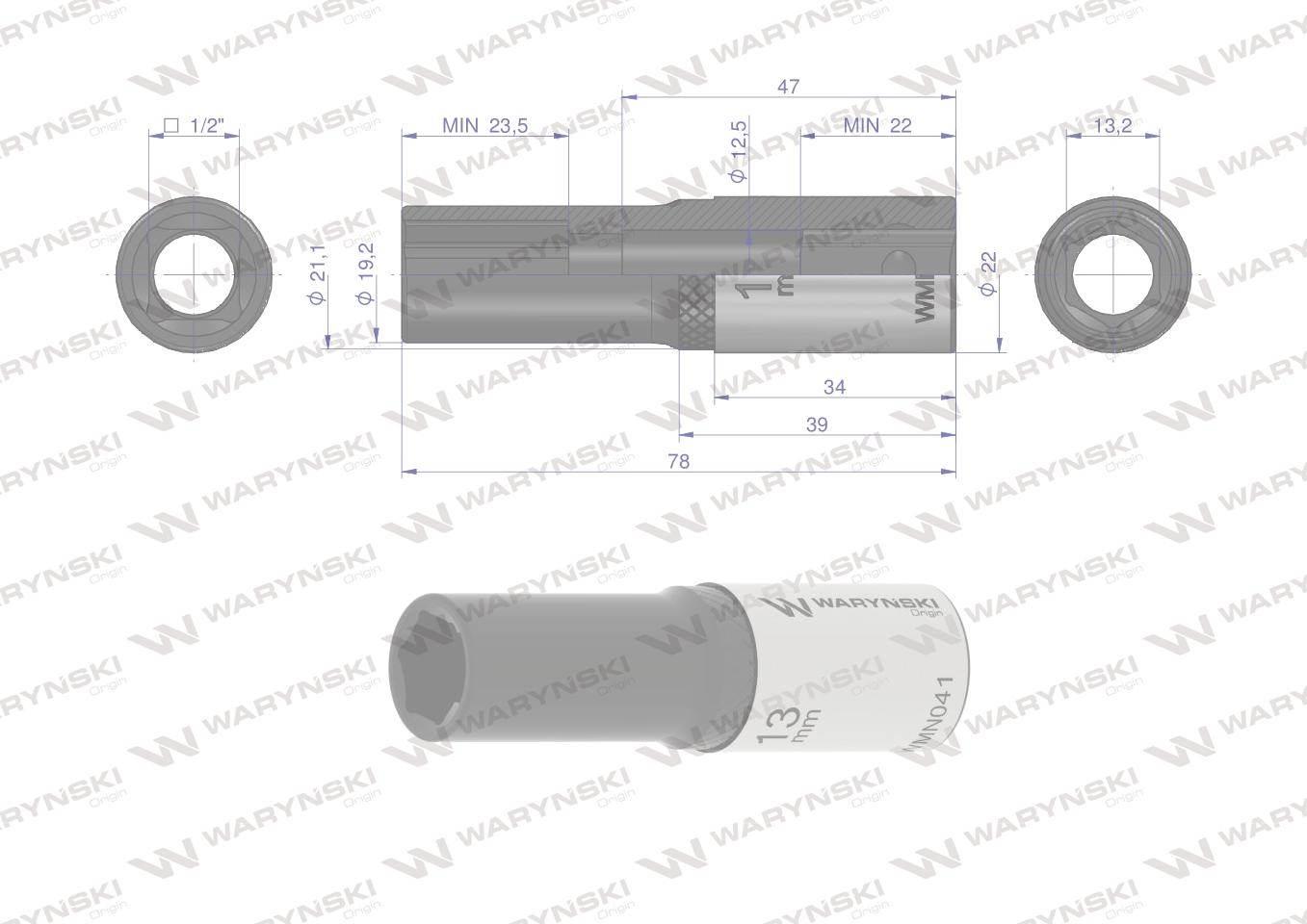 Nasadka sześciokątna 1/2" 13mm długa crv50bv30 din 3124 waryński - zdjęcie 3