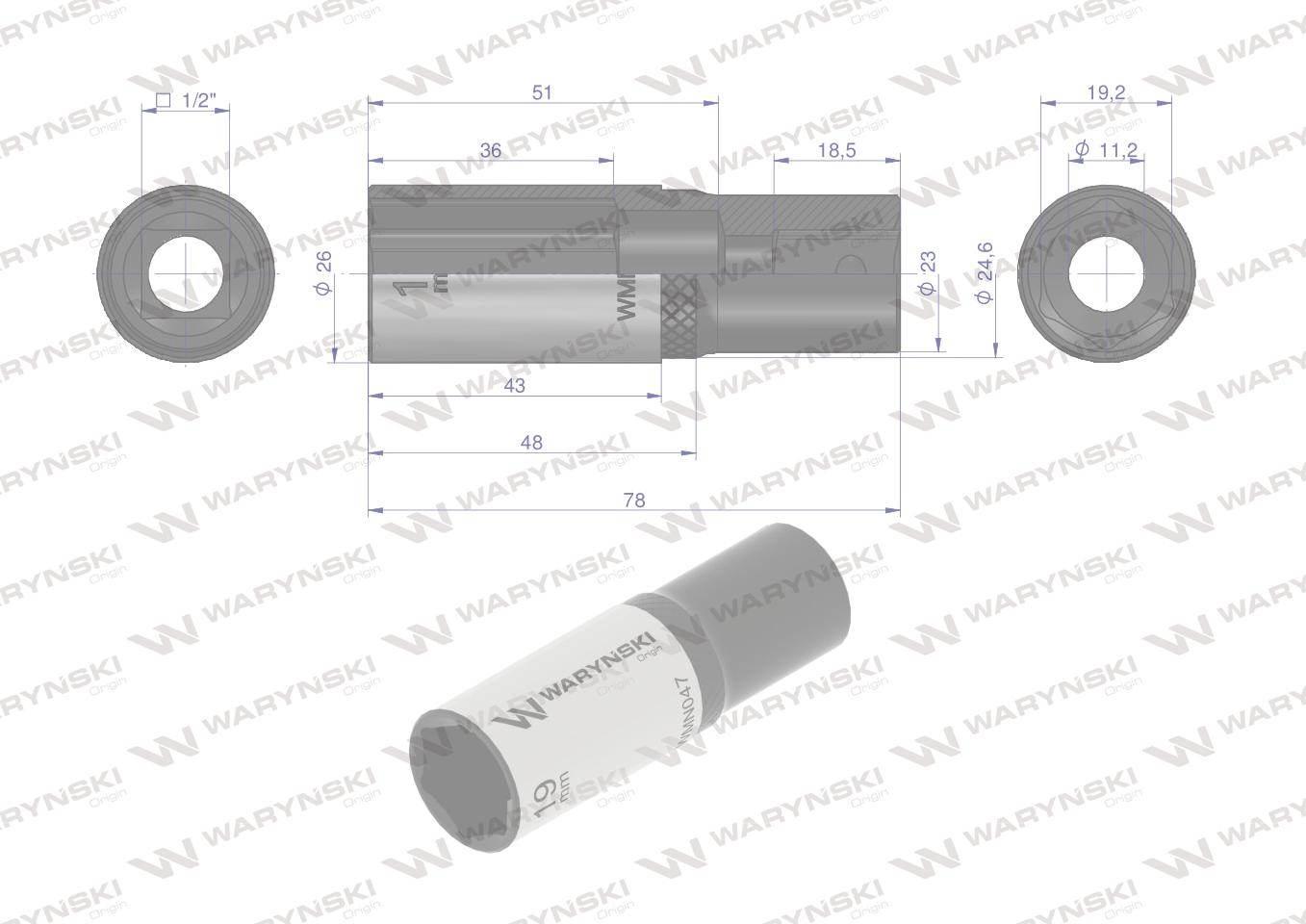 Nasadka sześciokątna 1/2" 19mm długa crv50bv30 din 3124 waryński - zdjęcie 3