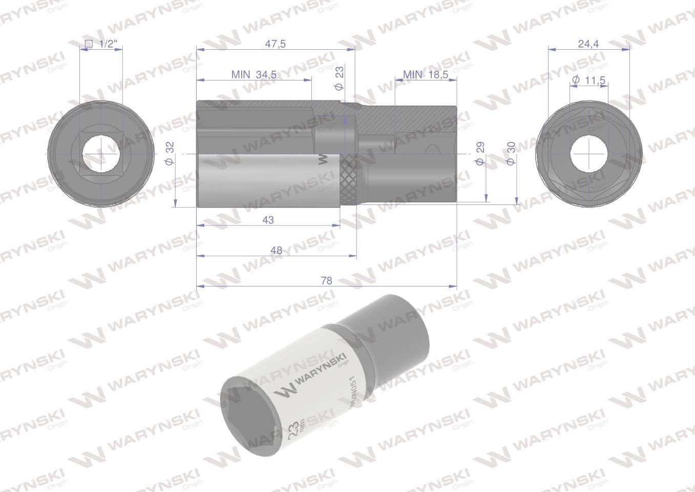 Nasadka sześciokątna 1/2" 24mm długa crv50bv30 din 3124 waryński - zdjęcie 4