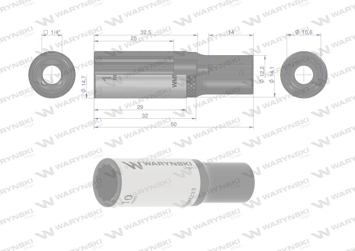 Nasadka dwunastokątna 1/4" 10mm długa crv50bv30 din 3124 waryński - zdjęcie 4