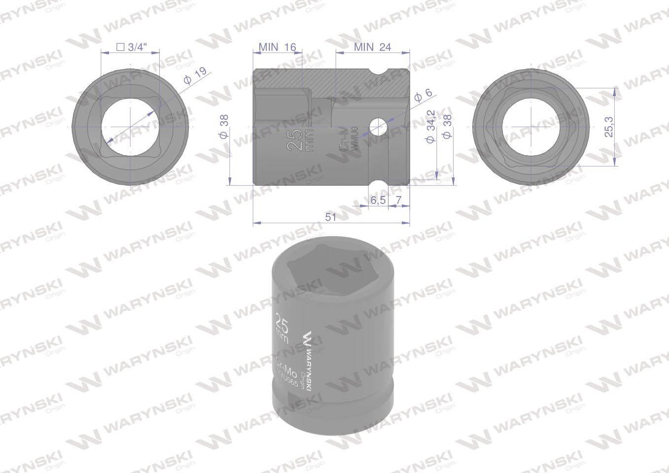 Nasadka udarowa sześciokątna 3/4" 25mm crmo din 3129 waryński - zdjęcie 2
