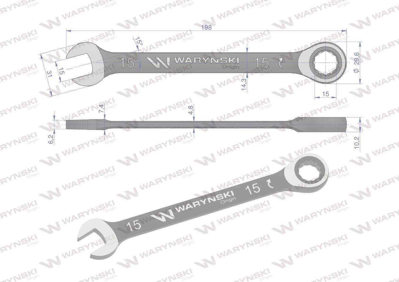 Klucz płasko-oczkowy 15mm z grzechotką 72 zęby standard asme b107-2010 wary - zdjęcie 2