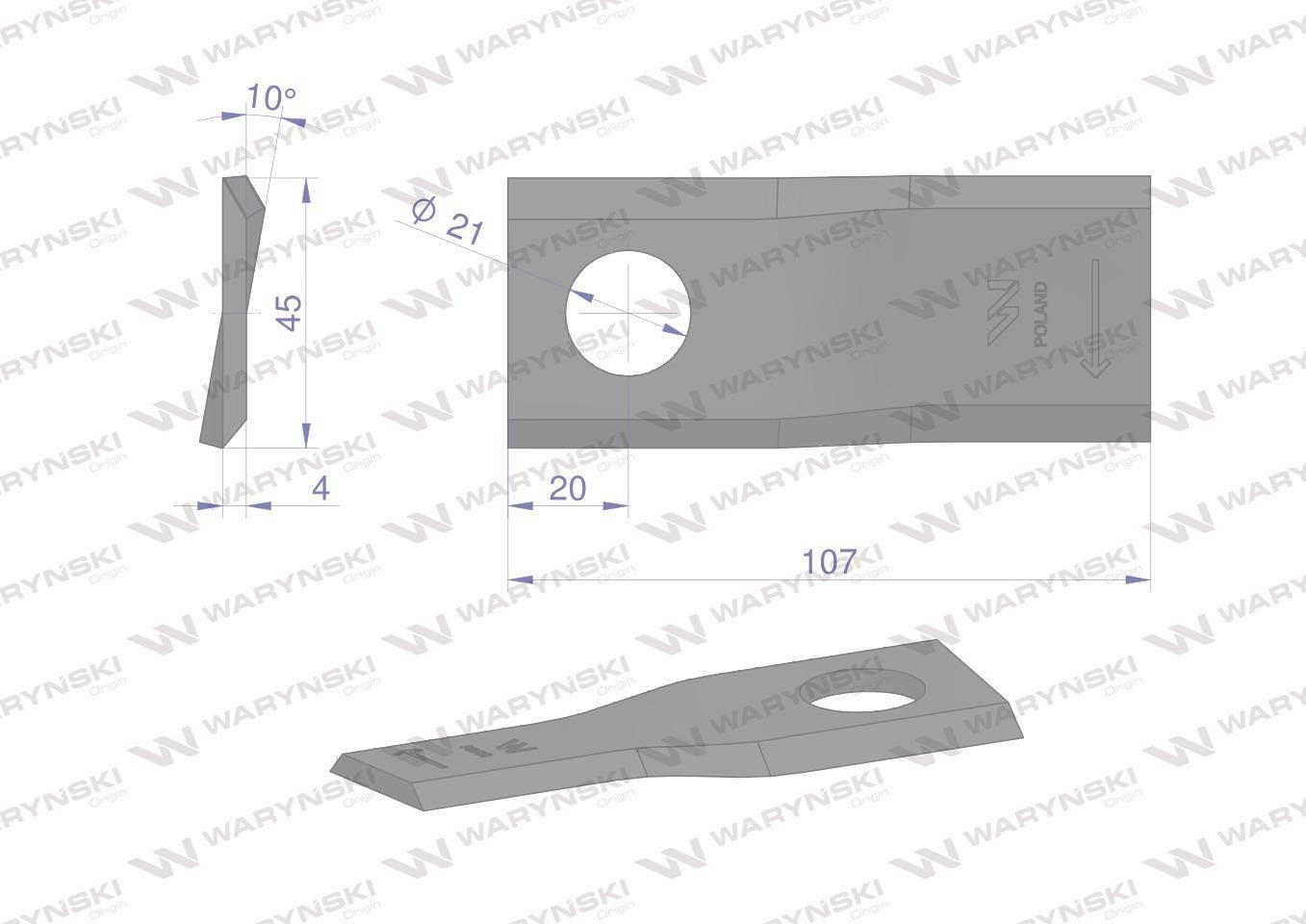 Nóż nożyk kosiarka prawy 107x46x4mm otwór 21 waryński 25szt - zdjęcie 2