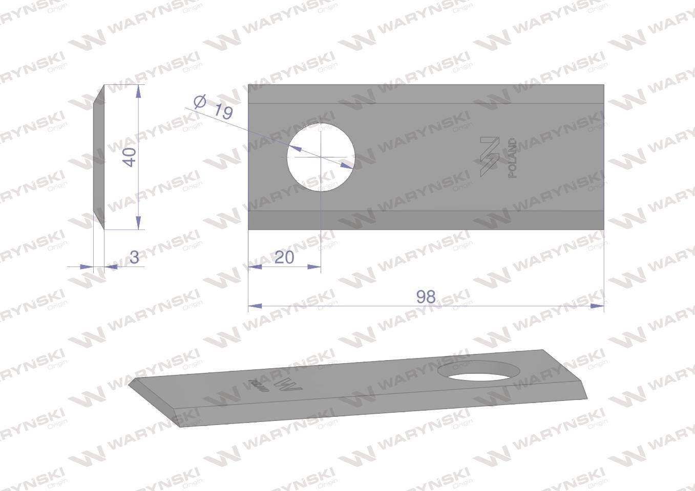 Nóż nożyk kosiarka 98x40x3mm otwór 19 58029045 bcs waryński 25szt - zdjęcie 2