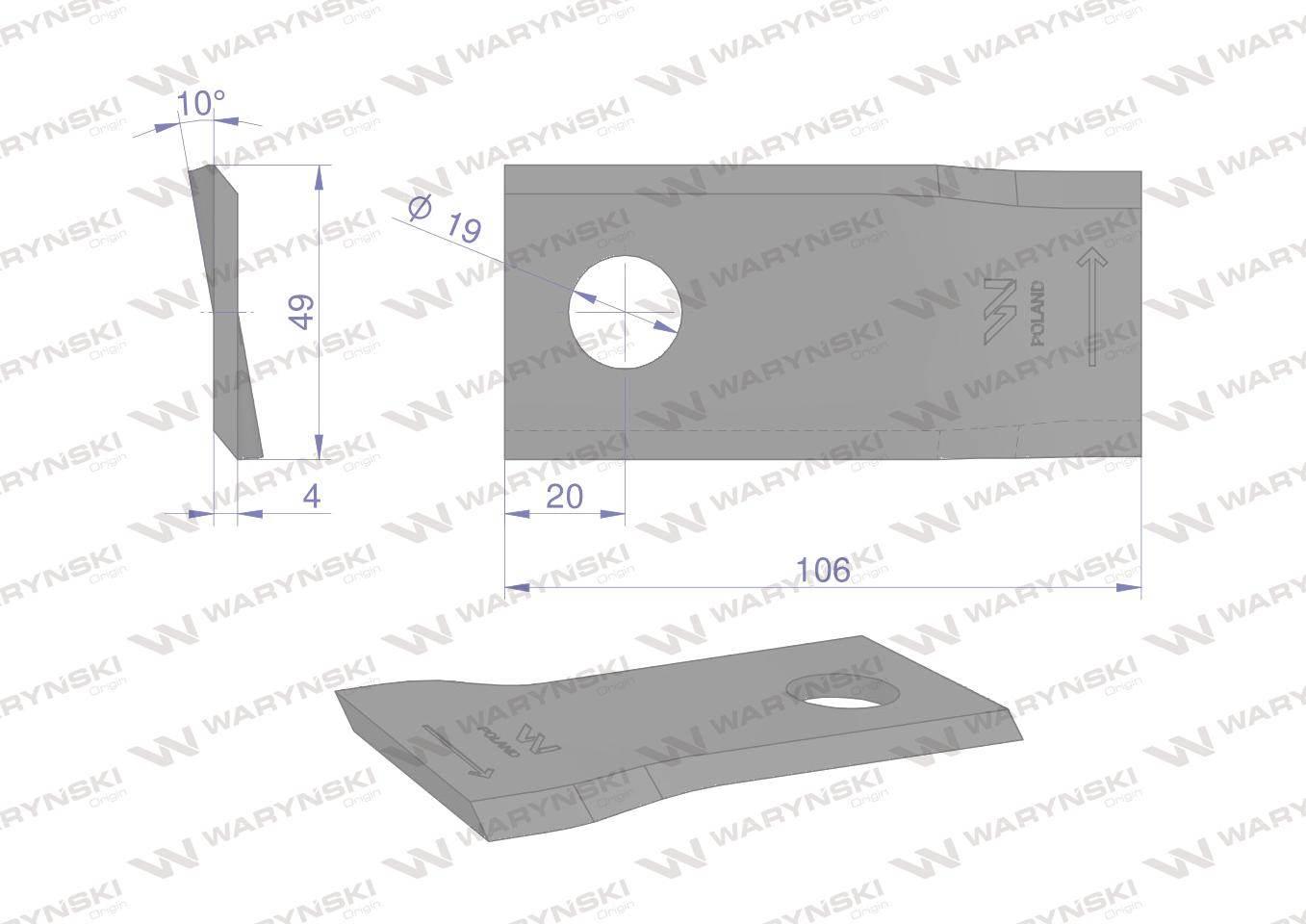 Nóż nożyk kosiarka lewy 106x48x4mm otwór 19 570445 niemeyer waryński 25szt - zdjęcie 2