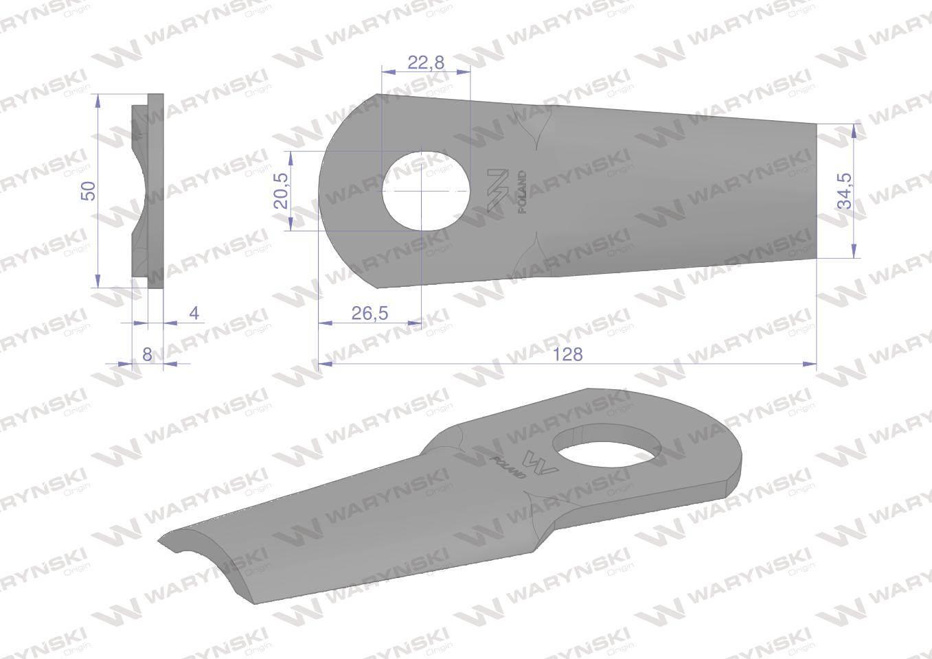 Nóż nożyk kosiarka gięty 128x50x4mm otwór 20.5x22.8 561103000 kvereland taa - zdjęcie 2