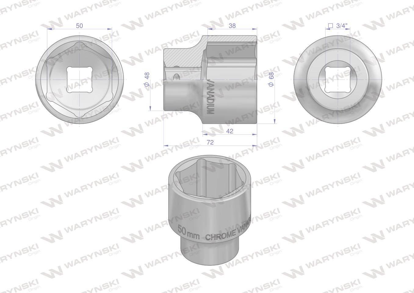 Nasadka sześciokątna 3/4" 50mm crv50bv30 din 3124 waryński - zdjęcie 2