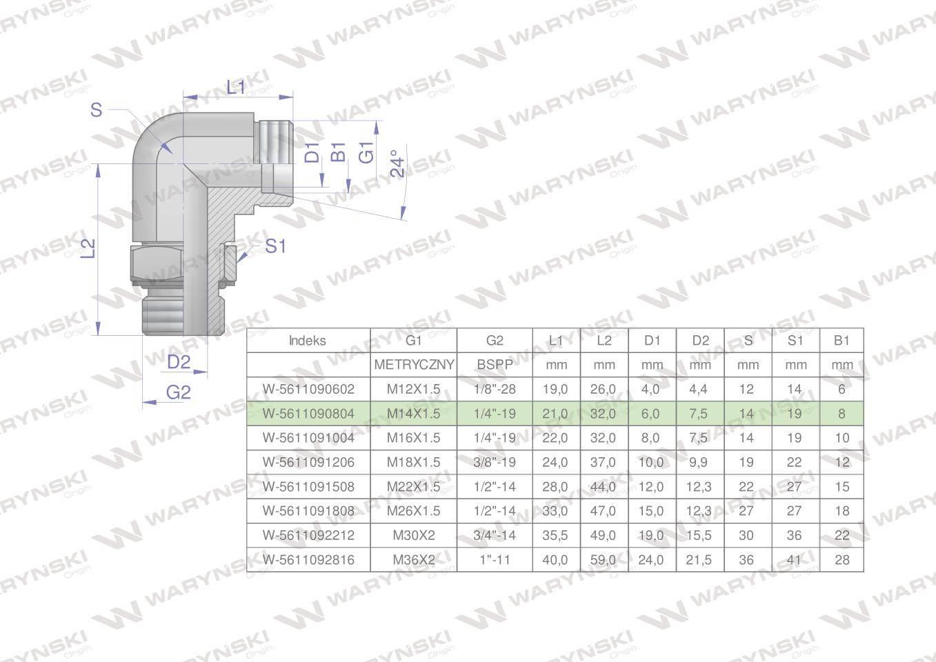 Kolanko hydrauliczne nastawne bb m14x1.5 08lx1/4"bsp z regulacją waryński