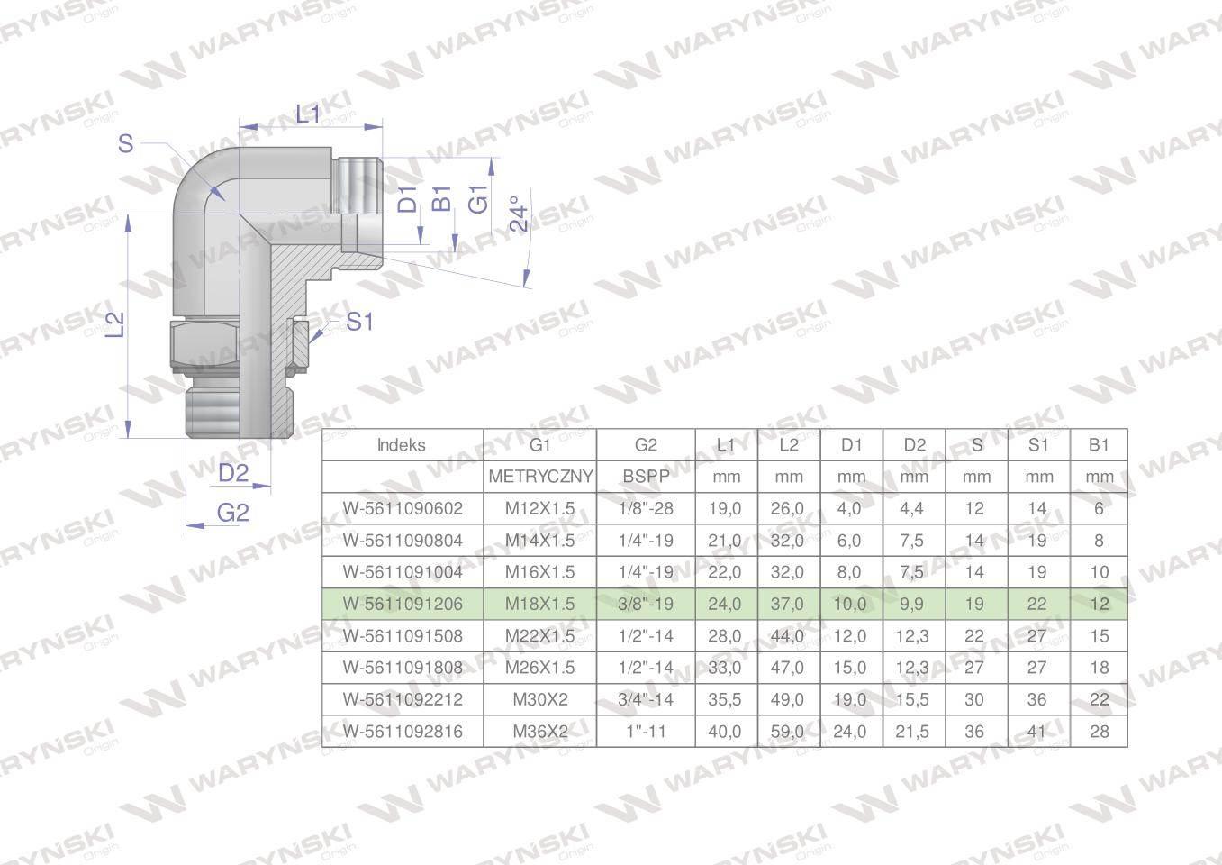 Kolanko hydrauliczne nastawne bb m18x1.5 12lx3/8"bsp z regulacją waryński 2szt