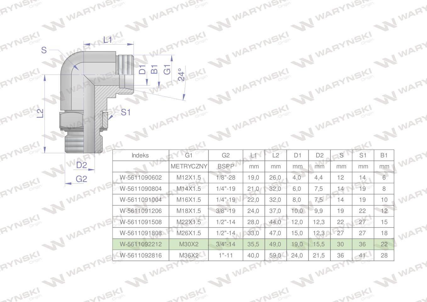 Kolanko hydrauliczne nastawne bb m30x2 22lx3/4"bsp z regulacją waryński