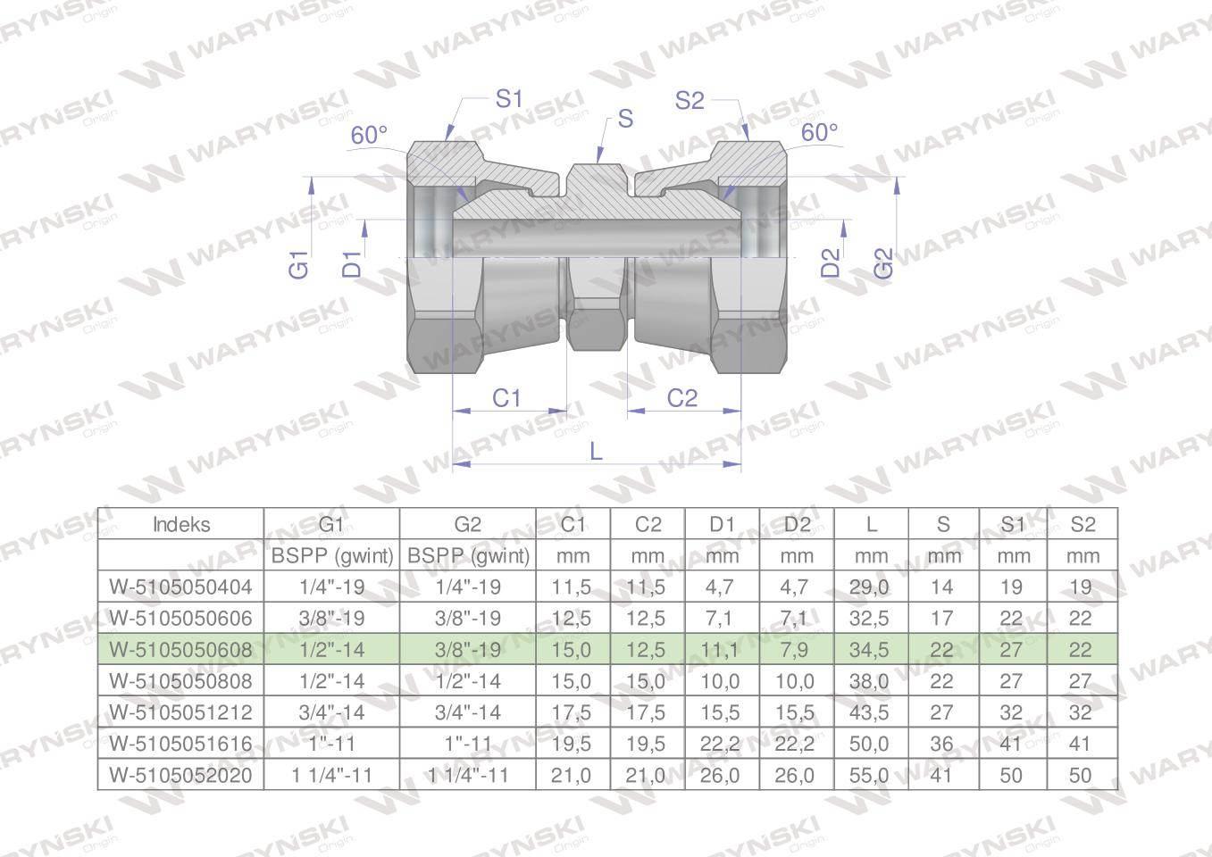 Złączka hydrauliczna redukcyjna calowa aa 3/8"x1/2" bsp waryński 2szt