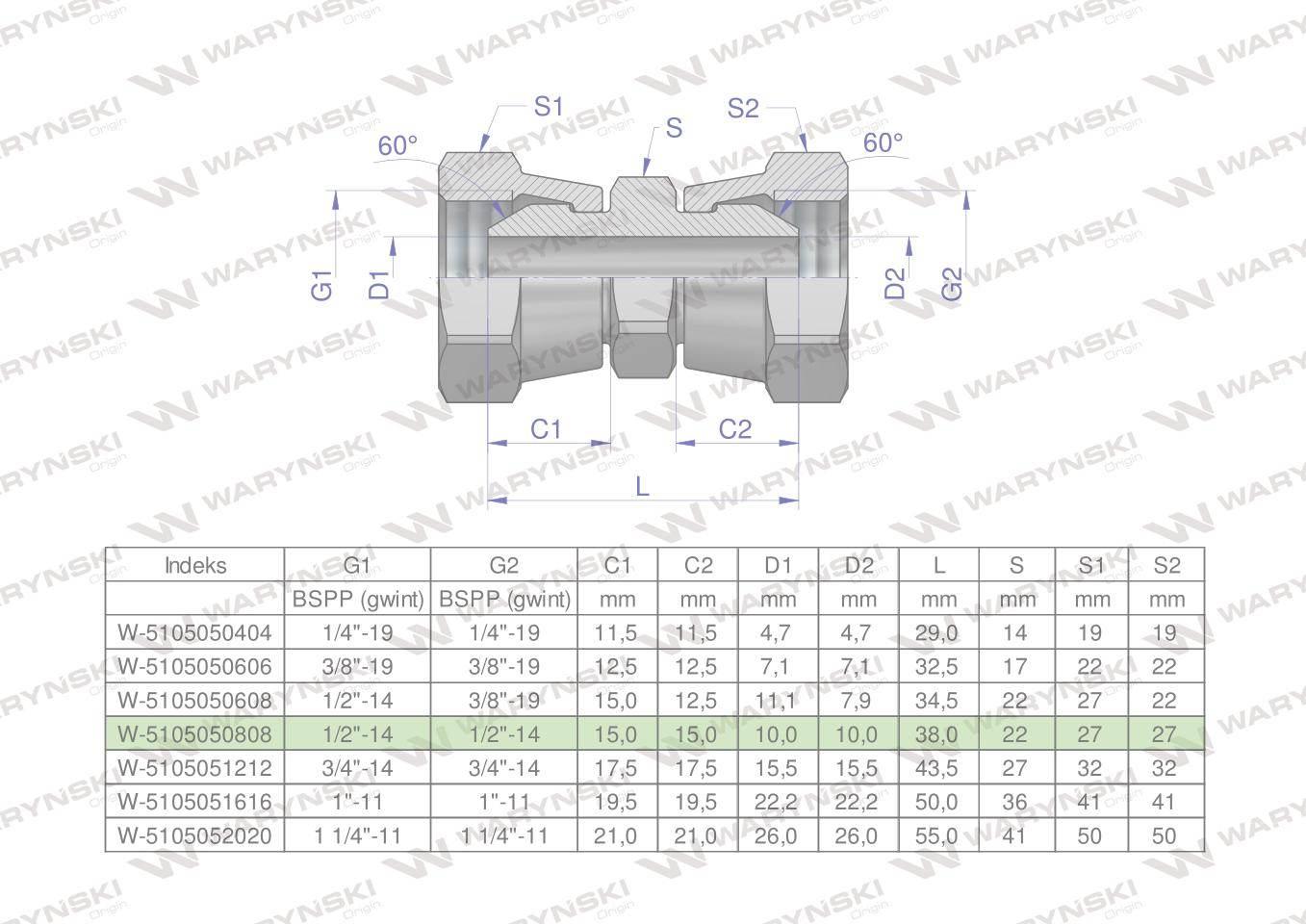 Złączka hydrauliczna calowa aa 1/2" bsp waryński 2szt