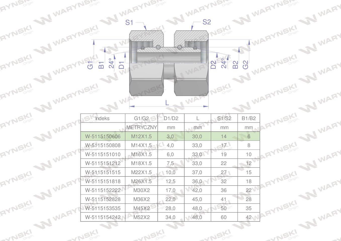 Złączka hydrauliczna metryczna aa m12x1.5 06l waryński 5szt