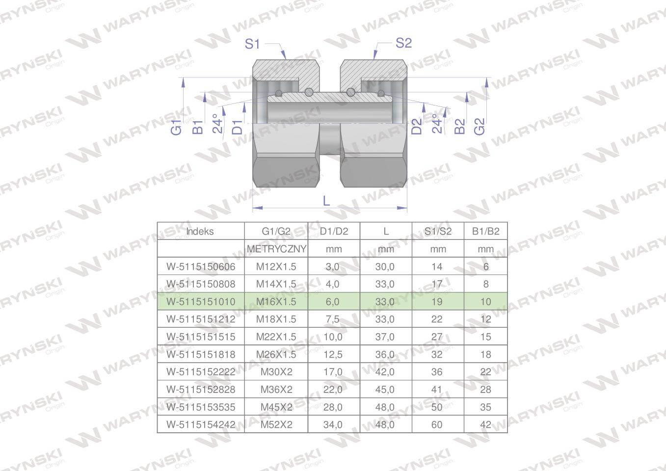Złączka hydrauliczna metryczna aa m16x1.5 10l waryński 5szt