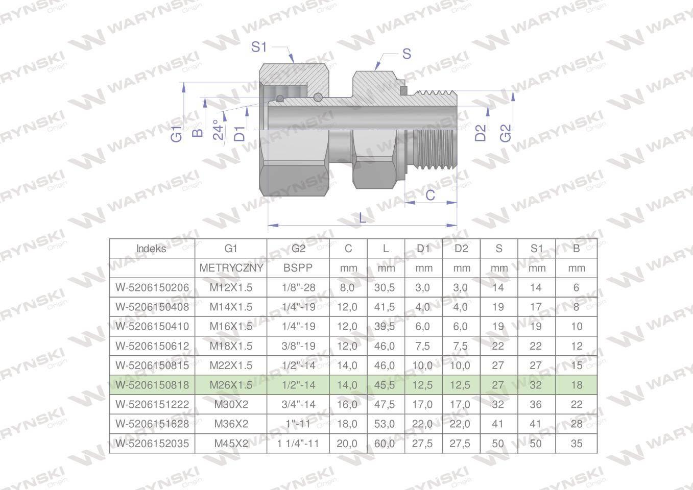 Przyłączka hydrauliczna ab evge m26x1.5 18lx1/2" bsp ed waryński