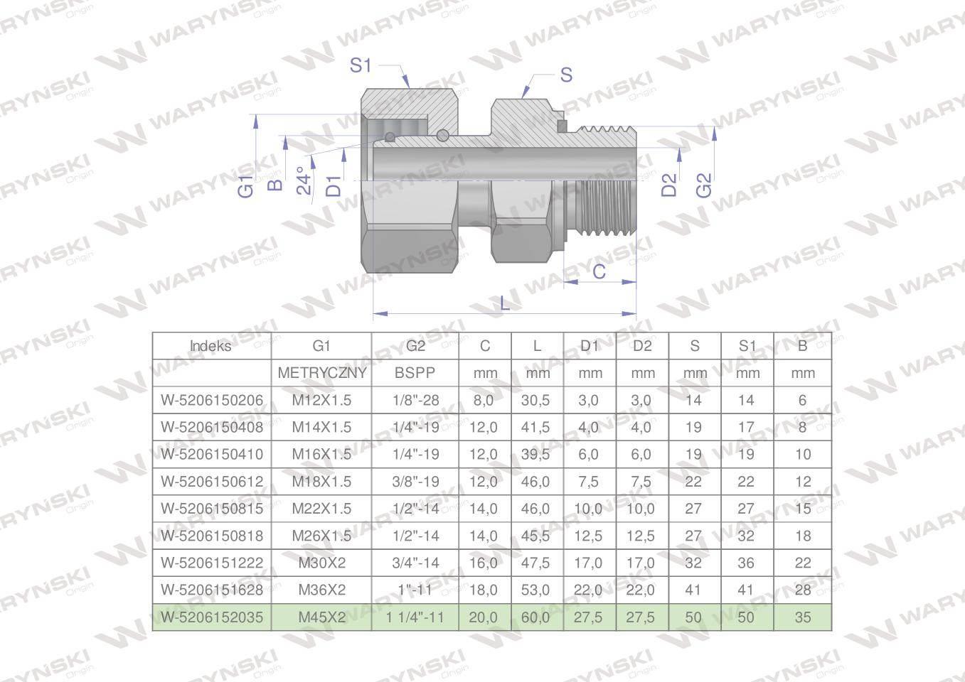 Przyłączka hydrauliczna ab evge m45x2 35lx1 1/4" bsp ed waryński