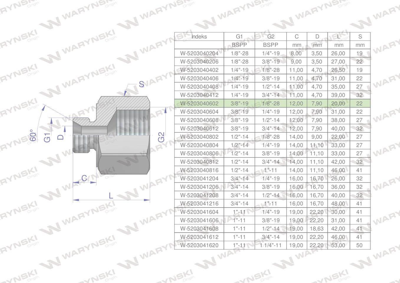 Tulejka różnicowa hydrauliczna calowa ab 3/8"gzx1/8"gw bsp waryński 2szt