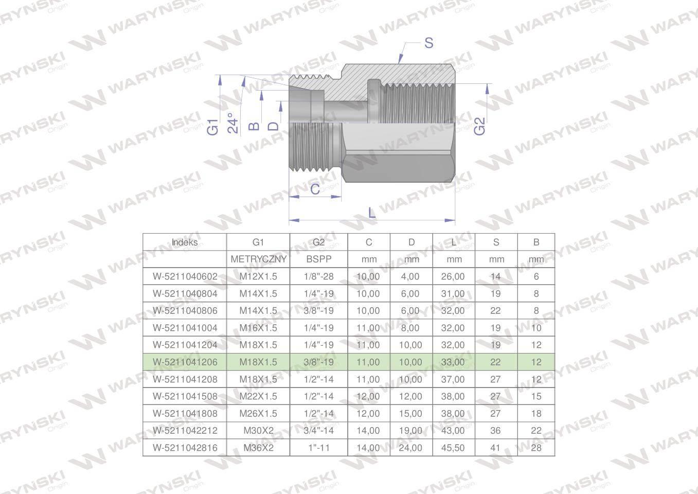 Tulejka różnicowa hydrauliczna ab m18x1.5 12l gzx3/8" bsp waryński 2szt
