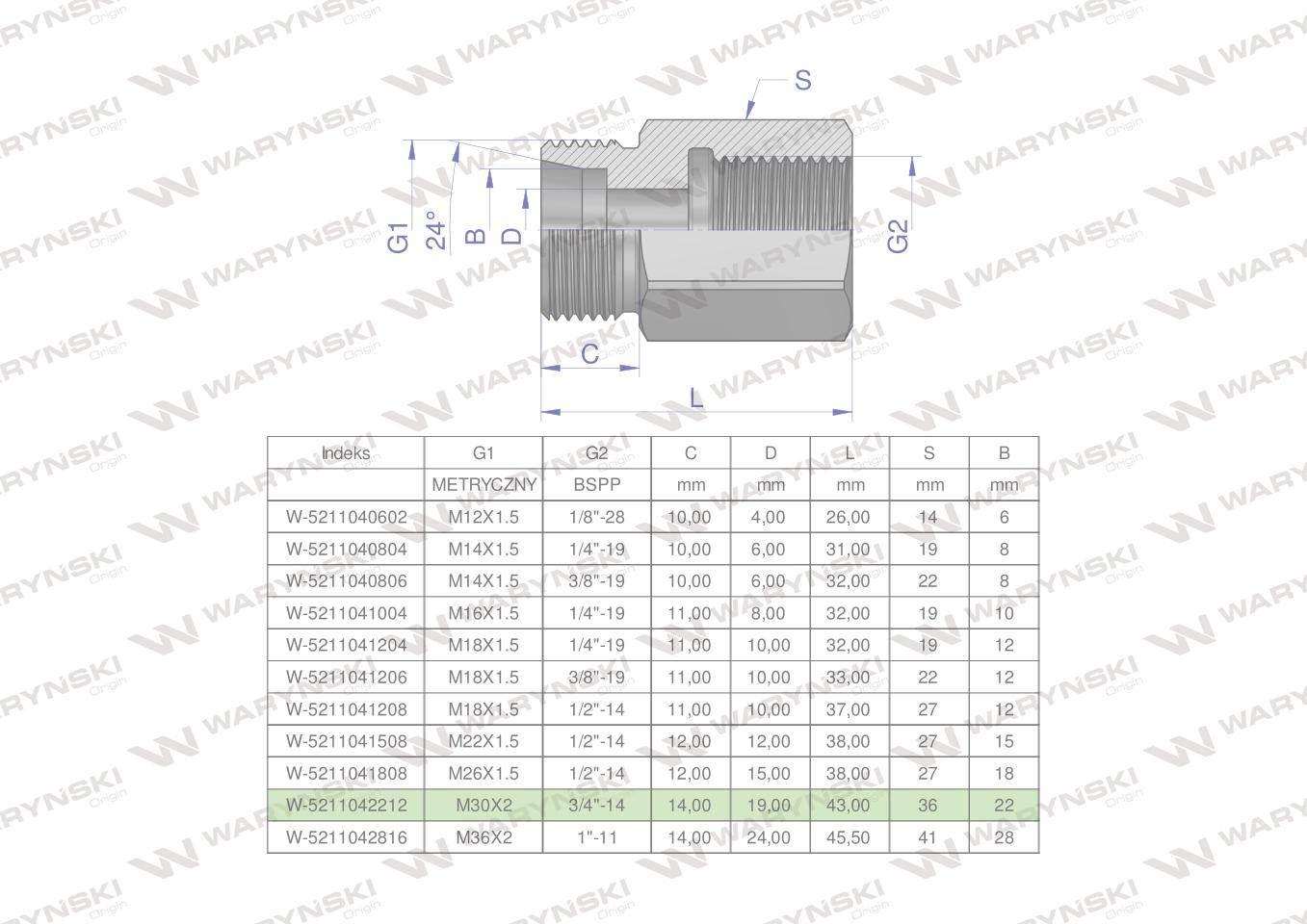 Tulejka różnicowa hydrauliczna ab m30x2 22l gzx3/4" bsp gw waryński