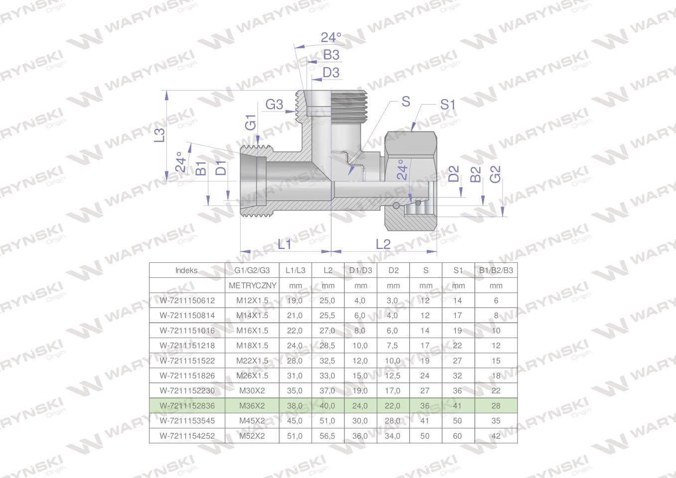 Trójnik hydrauliczny niesymetryczny metryczny bba m36x2 28l xevl waryński