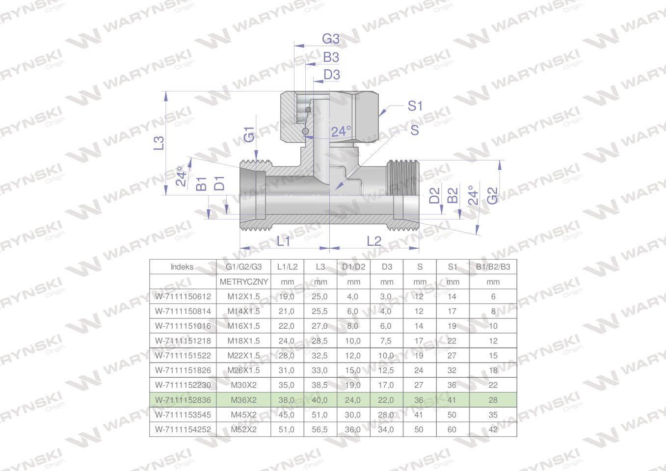 Trójnik hydrauliczny symetryczny metryczny bab m36x2 28l xevt waryński