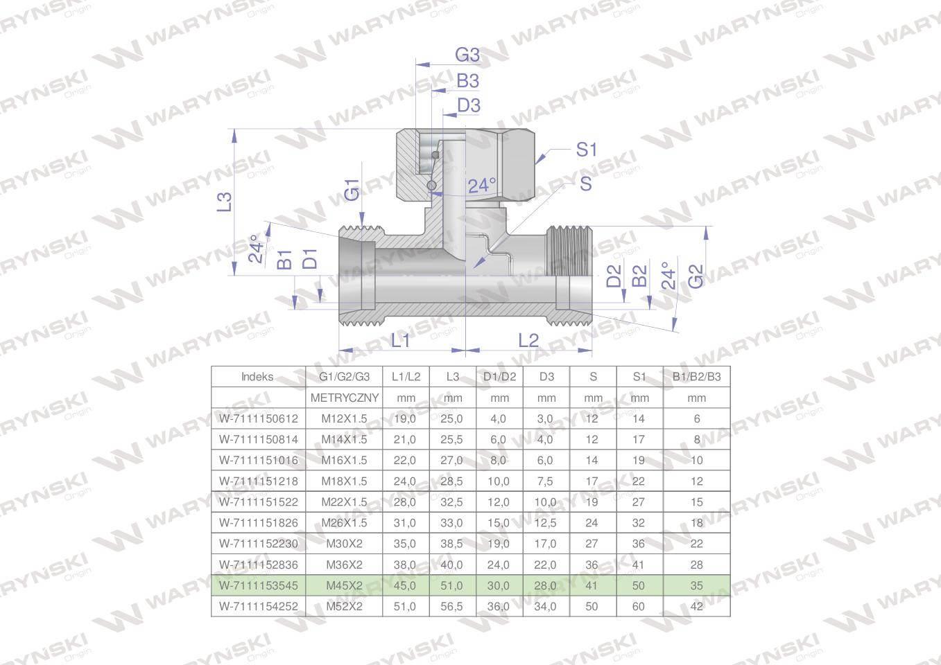 Trójnik hydrauliczny symetryczny metryczny bab m45x2 35l xevt waryński