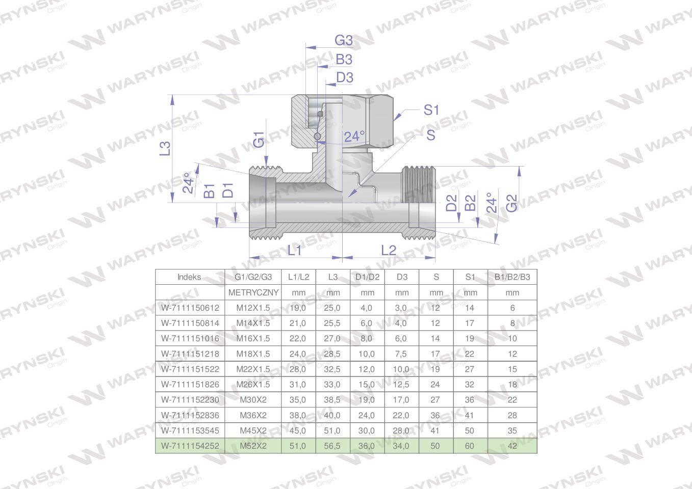 Trójnik hydrauliczny symetryczny metryczny bab m52x2 42l xevt waryński