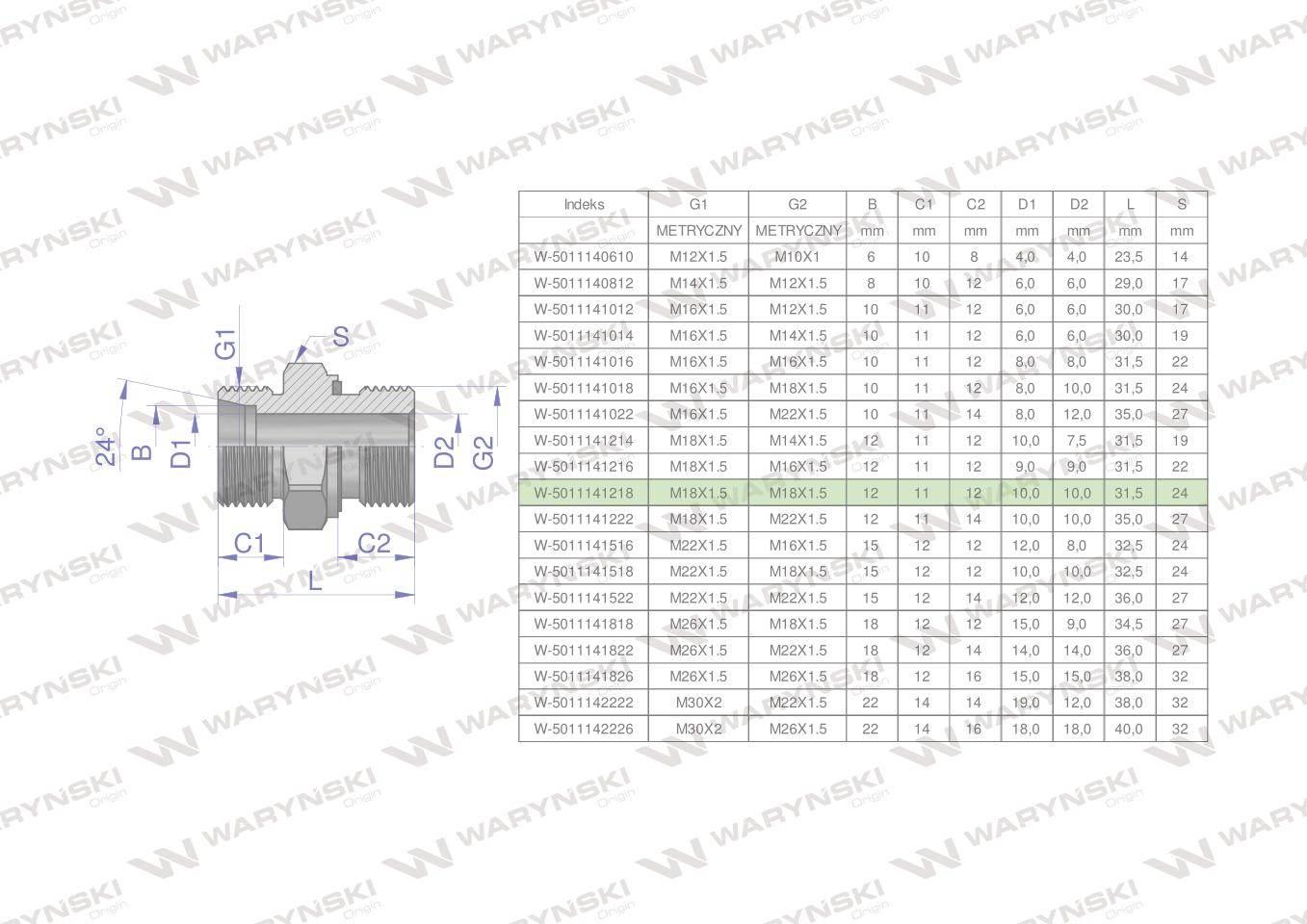 Przyłączka hydrauliczna metryczna bb 18/18 xge m18x1.5 12lxm18x1.5 ed waryń