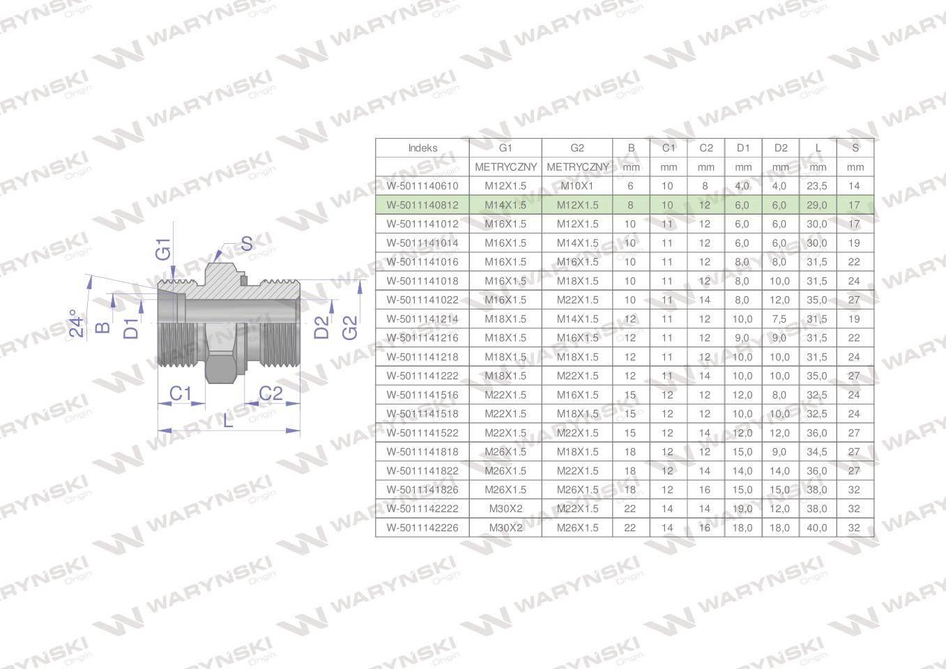 Przyłączka hydrauliczna metryczna bb xge m14x1.5 08lxm12x1.5 ed waryński 5s