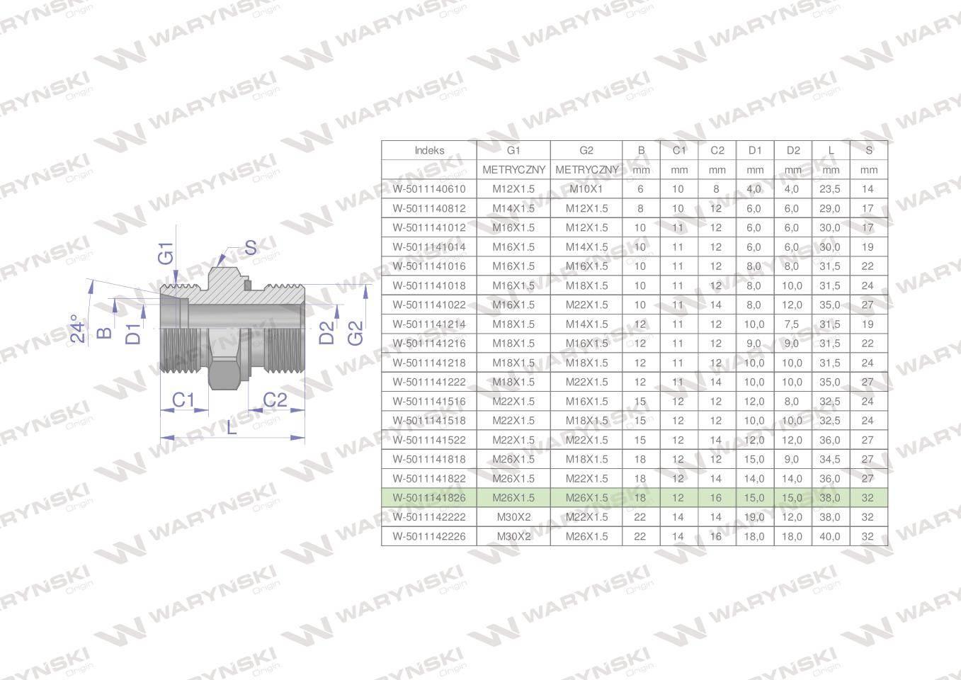 Przyłączka hydrauliczna metryczna bb xge m26x1.5 18lxm26x1.5 ed waryński 2s