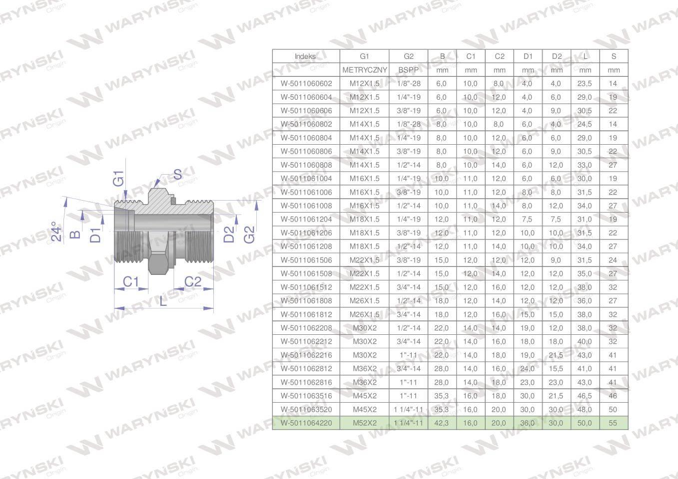 Przyłączka hydrauliczna bb xge m52x2 42lx1 1/4" bsp ed waryński