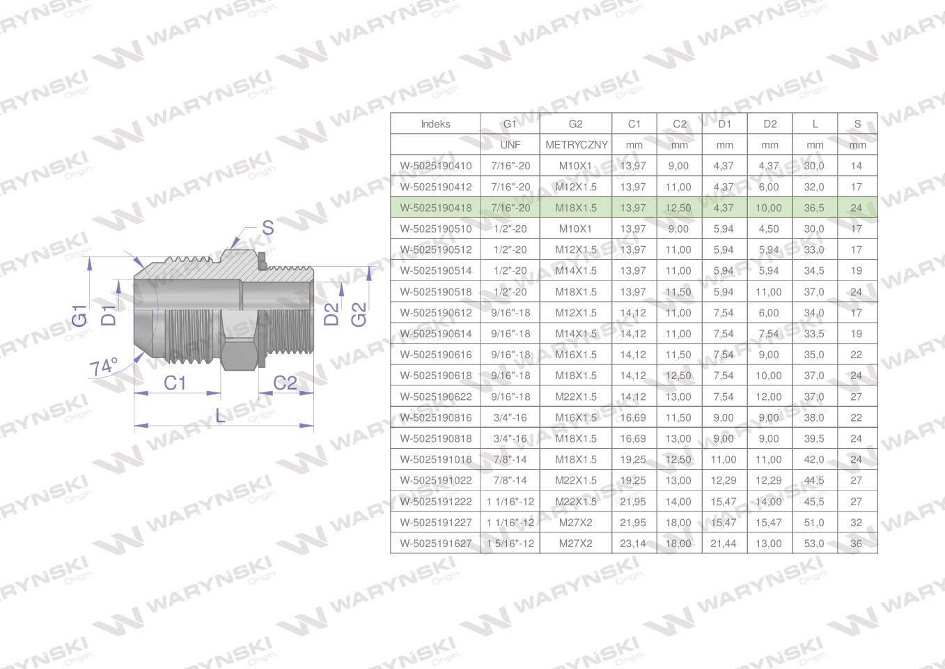 Przyłączka hydrauliczna bb 7/16"unf jicxm18x1.5 xge waryński 2szt
