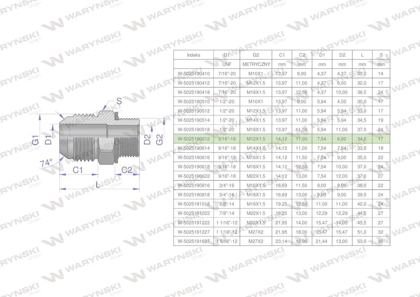 Przyłączka hydrauliczna bb 9/16"unf jicxm12x1.5 xge waryński 2szt