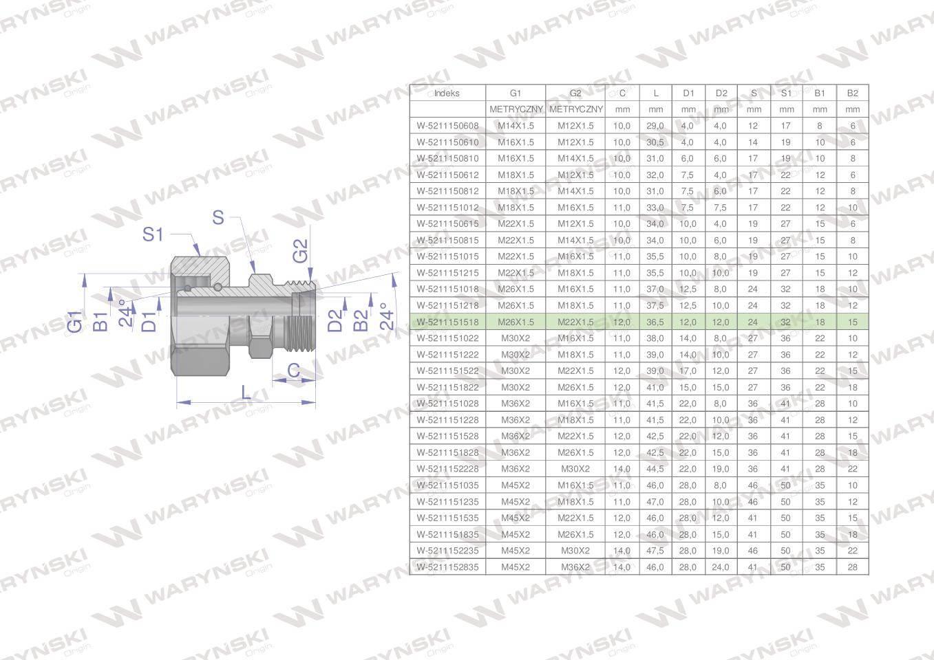 Złączka hydrauliczna metryczna ab xkor a-m26x1.5 18l b-m22x1.5 15l waryński