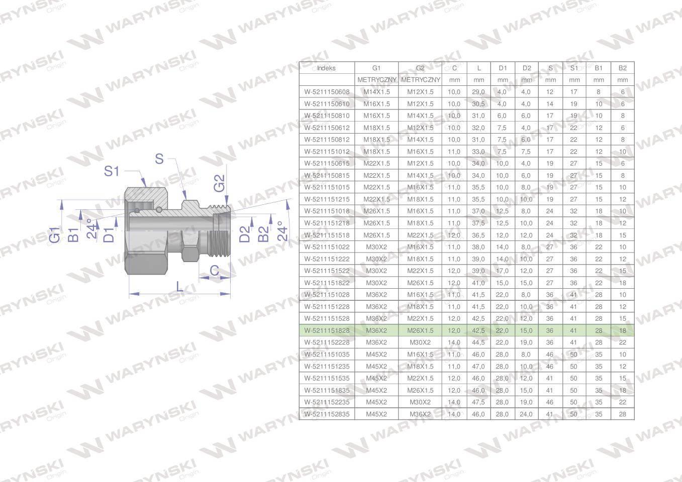Złączka hydrauliczna metryczna ab xkor a-m36x2 28l b-m26x1.5 18l waryński
