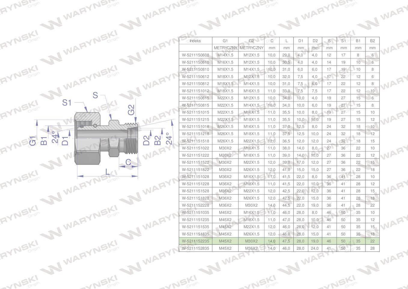 Złączka hydrauliczna metryczna ab xkor a-m45x2 35l b-m30x2 22l waryński