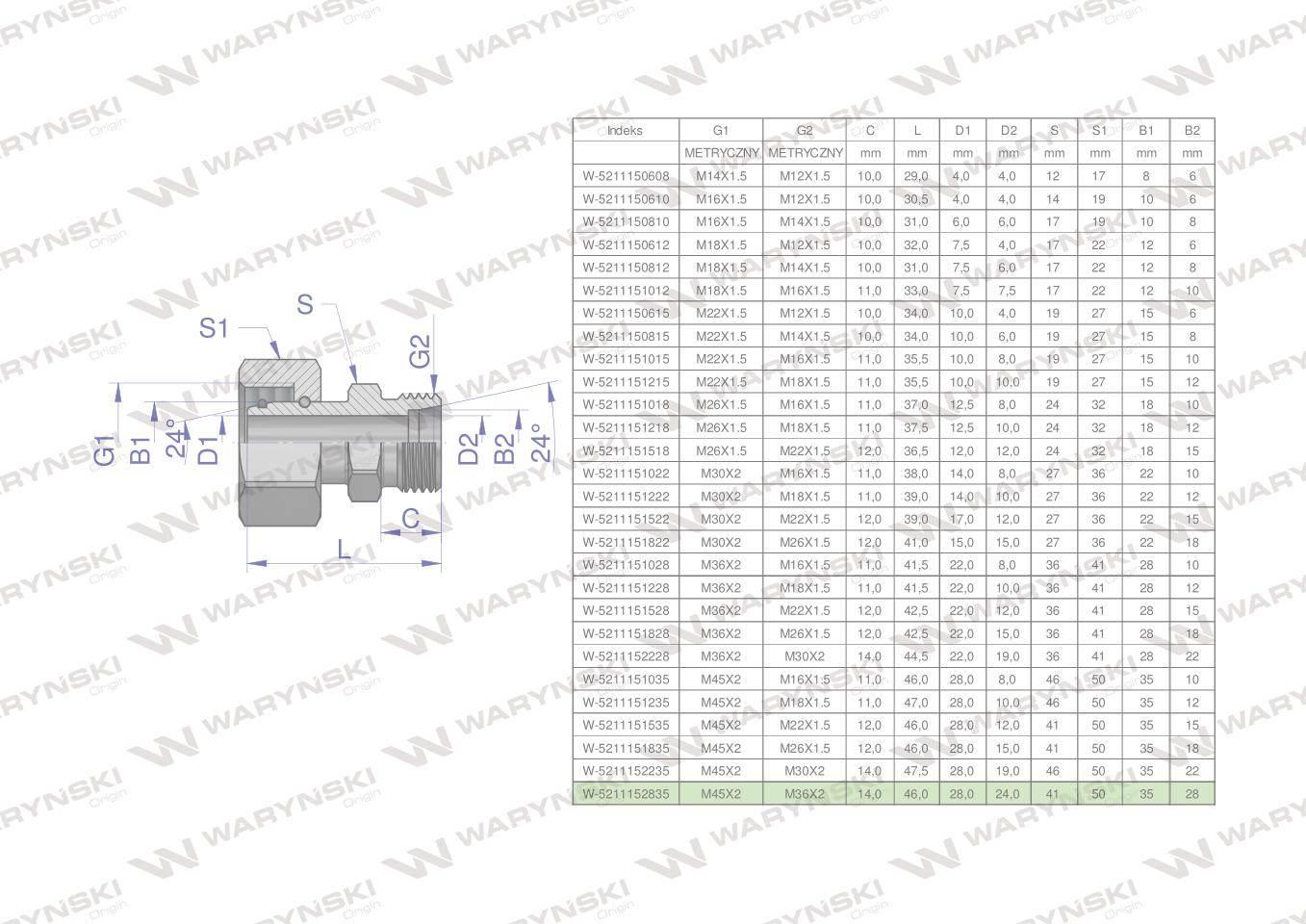 Złączka hydrauliczna metryczna ab xkor a-m45x2 35l b-m36x2 22l waryński