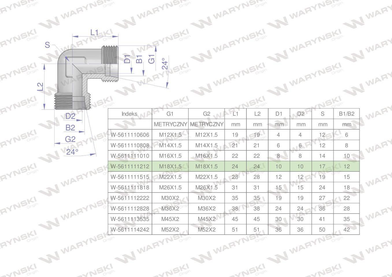 Kolanko hydrauliczne metryczne bb m18x1.5 12l xw waryński 5szt