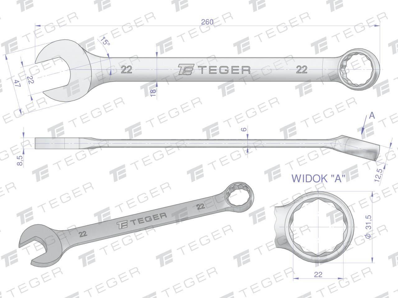 Klucz płasko-oczkowy 22mm teger | T-W-NWKPO22 - zdjęcie 3