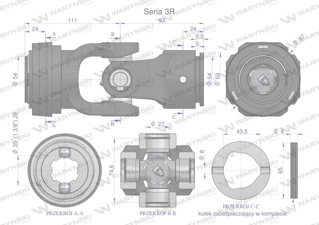 Przegub kompletny z krzyżakiem 27x74.6 seria 3 do rury zewnętrznej 43.5mm w - zdjęcie 3