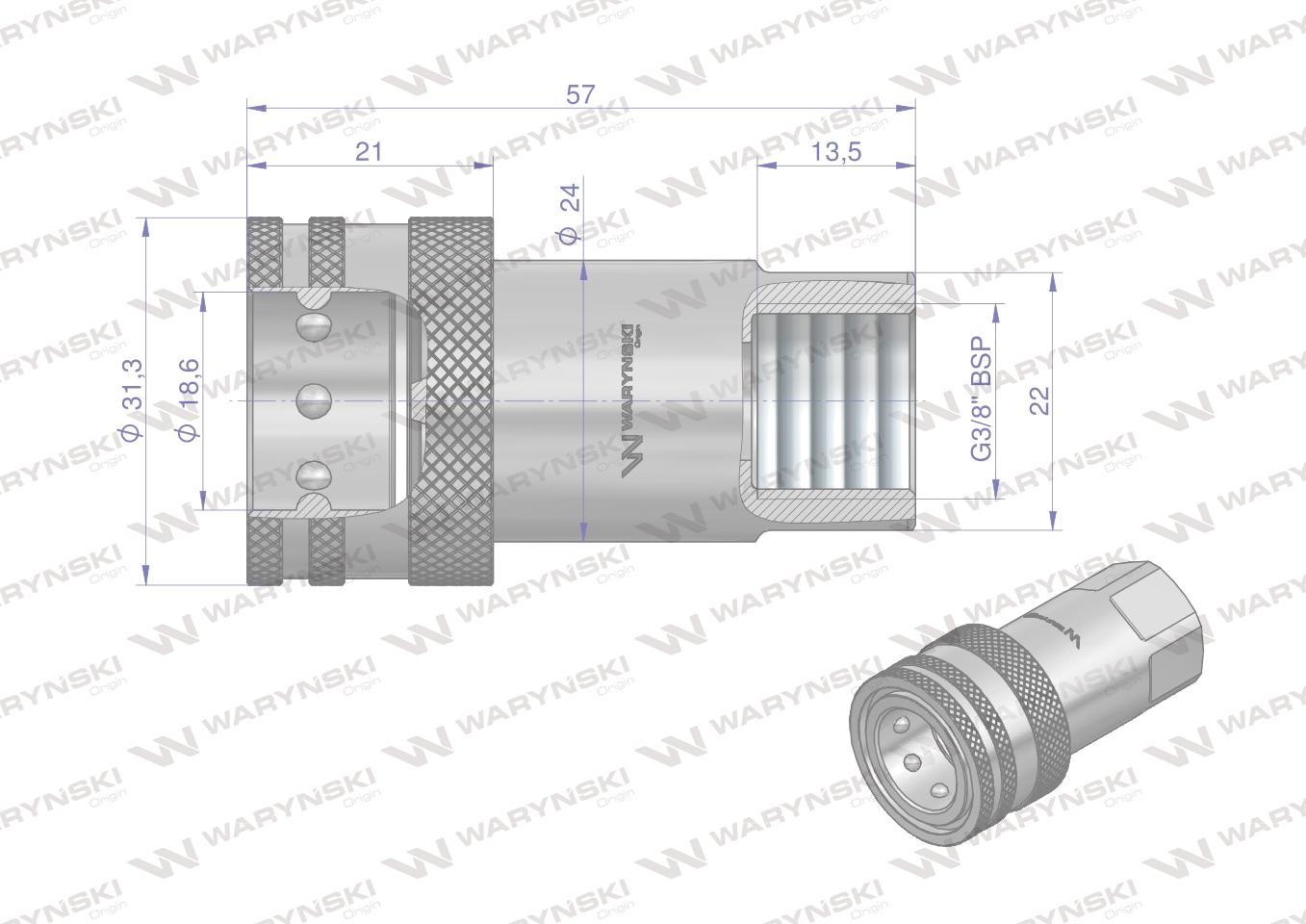 Szybkozłącze hydrauliczne gniazdo g3/8"bsp gwint wewnętrzny iso 7241-a waryński - zdjęcie 3