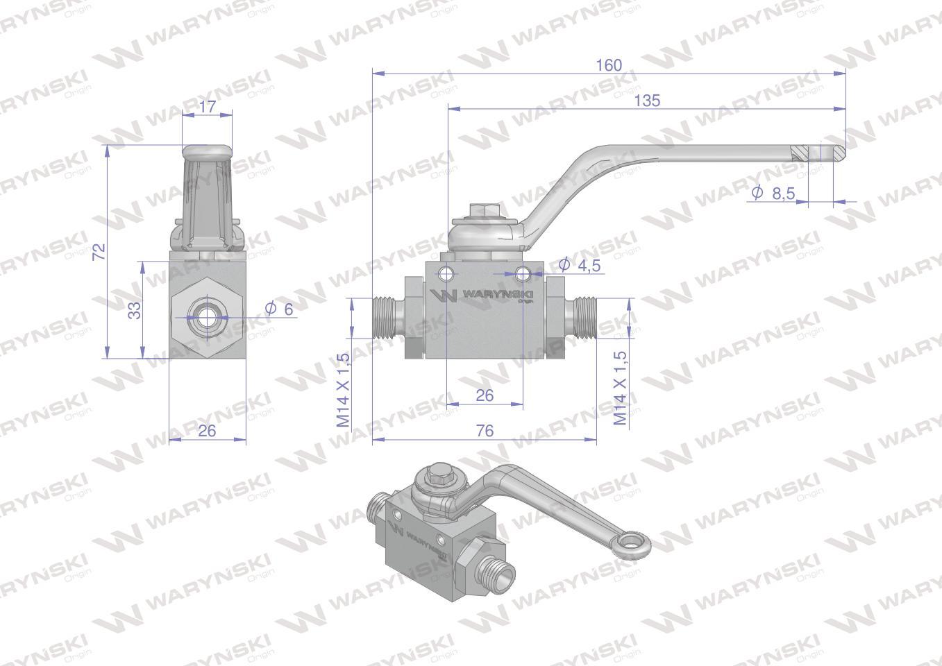 Zawór kulowy hydrauliczny 2-drogowy 2/2 m14x1.5 08l z otworami mocującymi 500 bar waryński - zdjęcie 5
