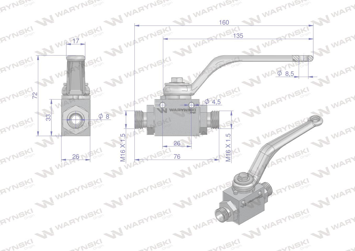 Zawór kulowy hydrauliczny 2-drogowy 2/2 m16x1.5 10l z otworami mocującymi 5 - zdjęcie 5