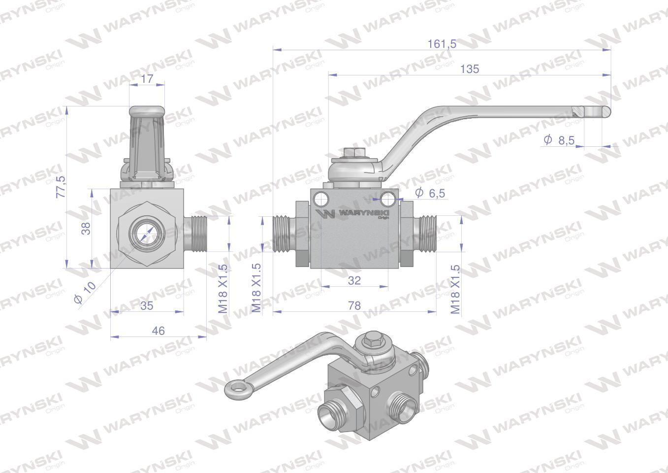 Zawór kulowy hydrauliczny 3-drogowy 3/2 m18x1.5 12l z otworami mocującymi 500 bar waryński - zdjęcie 6