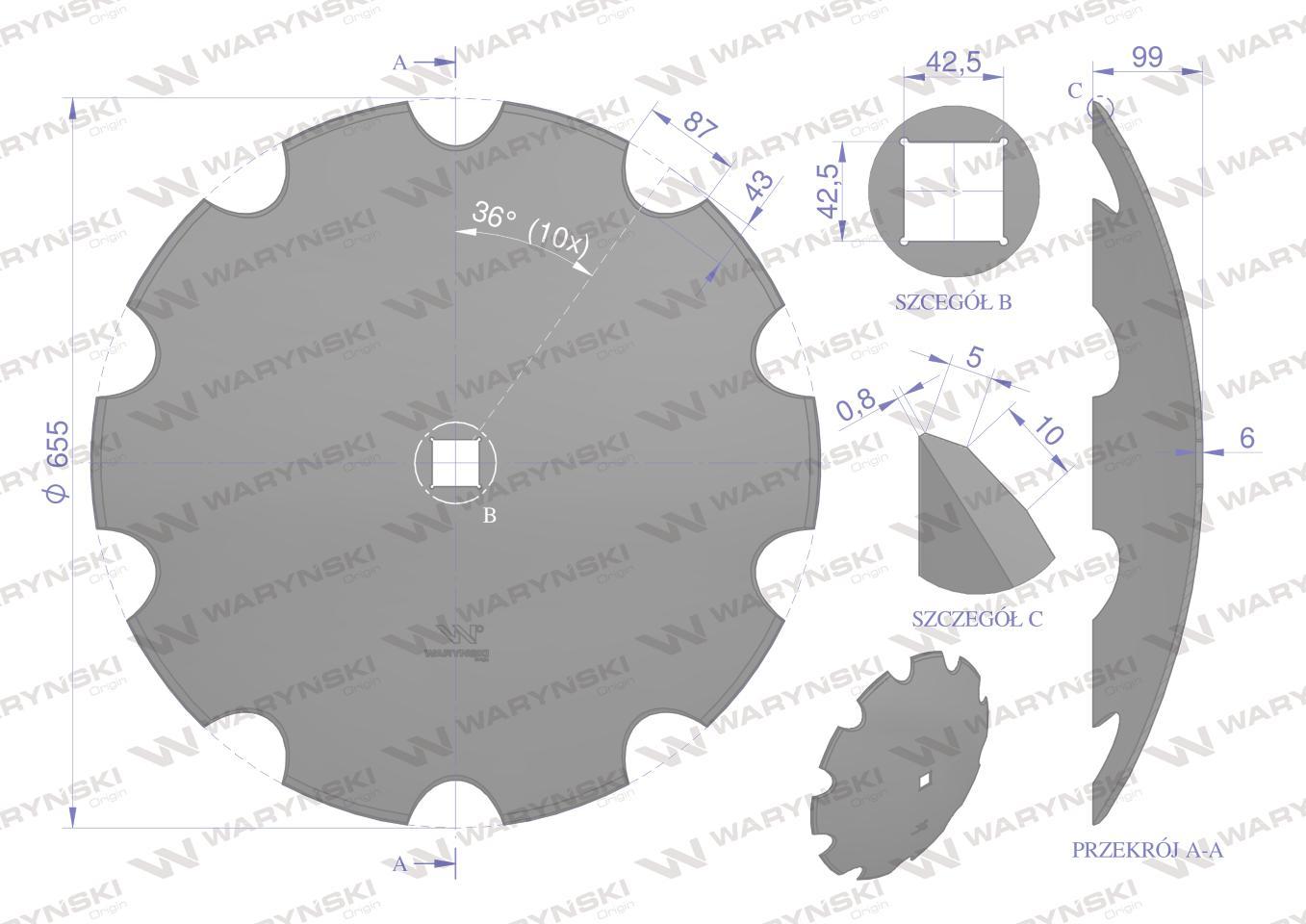 Talerz uzębiony z-10 fi 660 otwór 40x40 grubość 6mm stal borowa waryński r - zdjęcie 2