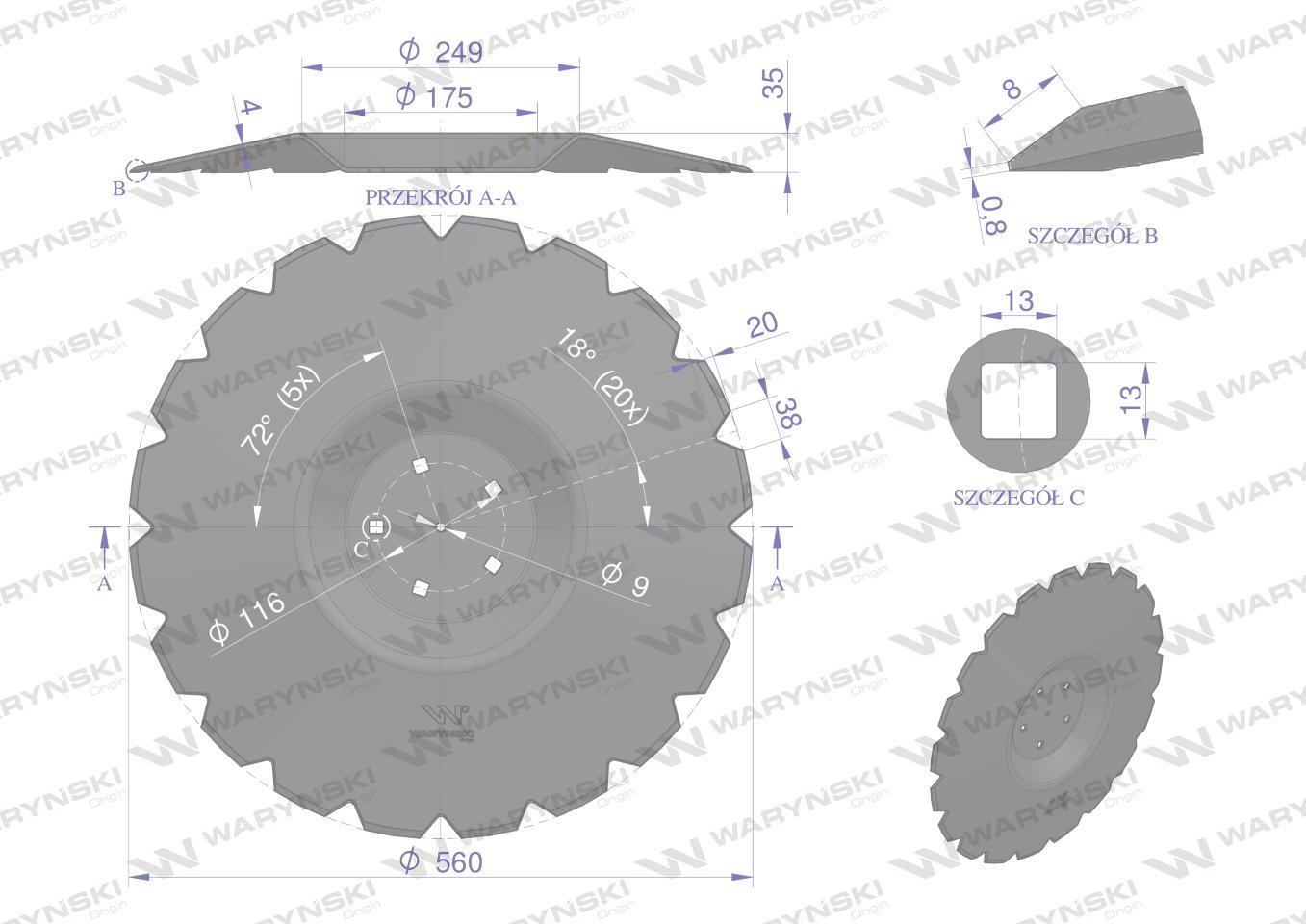 Talerz uzębiony z-20 fi 560 mocowanie 5/116 przetłoczony grubość 4mm stal b - zdjęcie 2