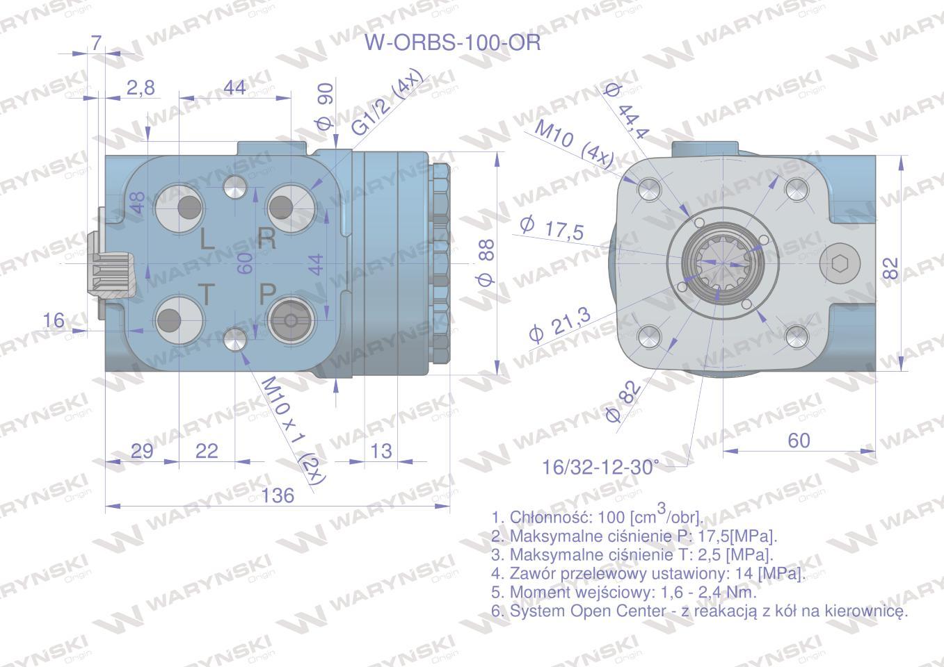 Orbitrol hydrauliczny w-orbs-or 100 cm3/obr z zaworami system open center z reakcją z kół na kierownicę waryński - zdjęcie 5