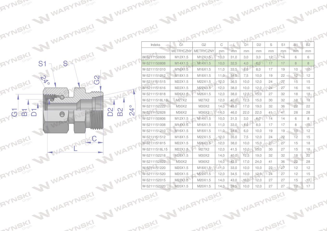 Złączka hydrauliczna metryczna ab xkor a-m14x1.5 08l b-m14x1.5 08l waryński 2szt - zdjęcie 4